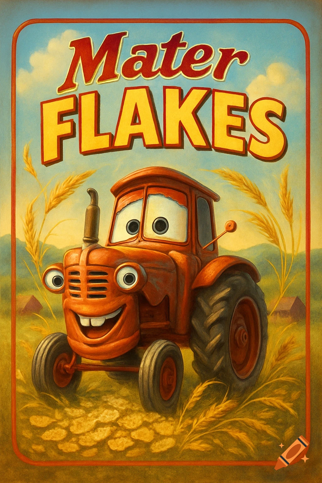 Cartoonish red tractor in a wheat field, smiling, under 'Mater FLAKES' text, in a vintage advertisement style.