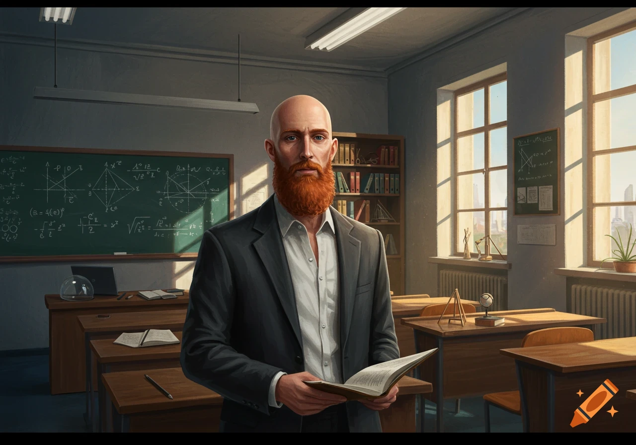 A bald man with a large orange beard in a suit jacket and open shirt holds a book in a sunlit classroom with a blackboard.