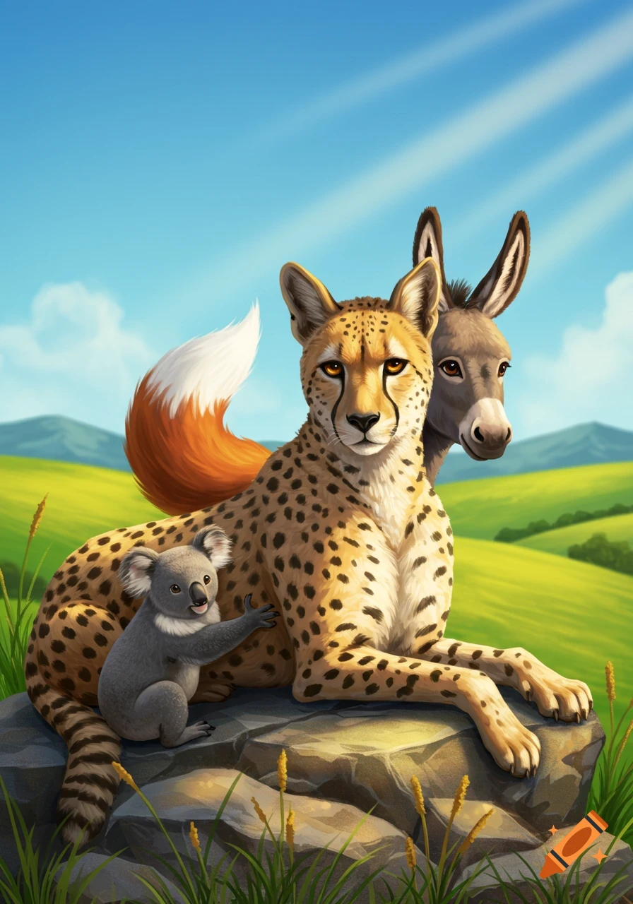 A cheetah with a fox tail lies on a rock, with a small koala hugging its side and a donkey peeking from behind, all in a sunny green landscape.