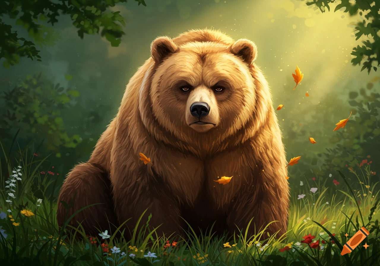 An illustrative depiction of a brown bear with a grumpy expression sitting in a sun-dappled green forest clearing.
