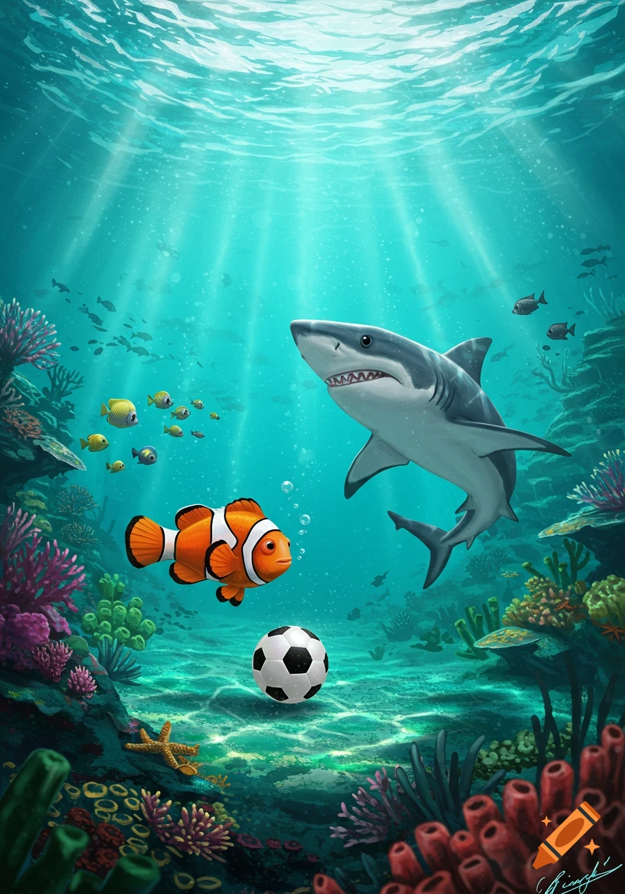 A cartoon shark and clownfish with a soccer ball on a vibrant coral reef underwater.