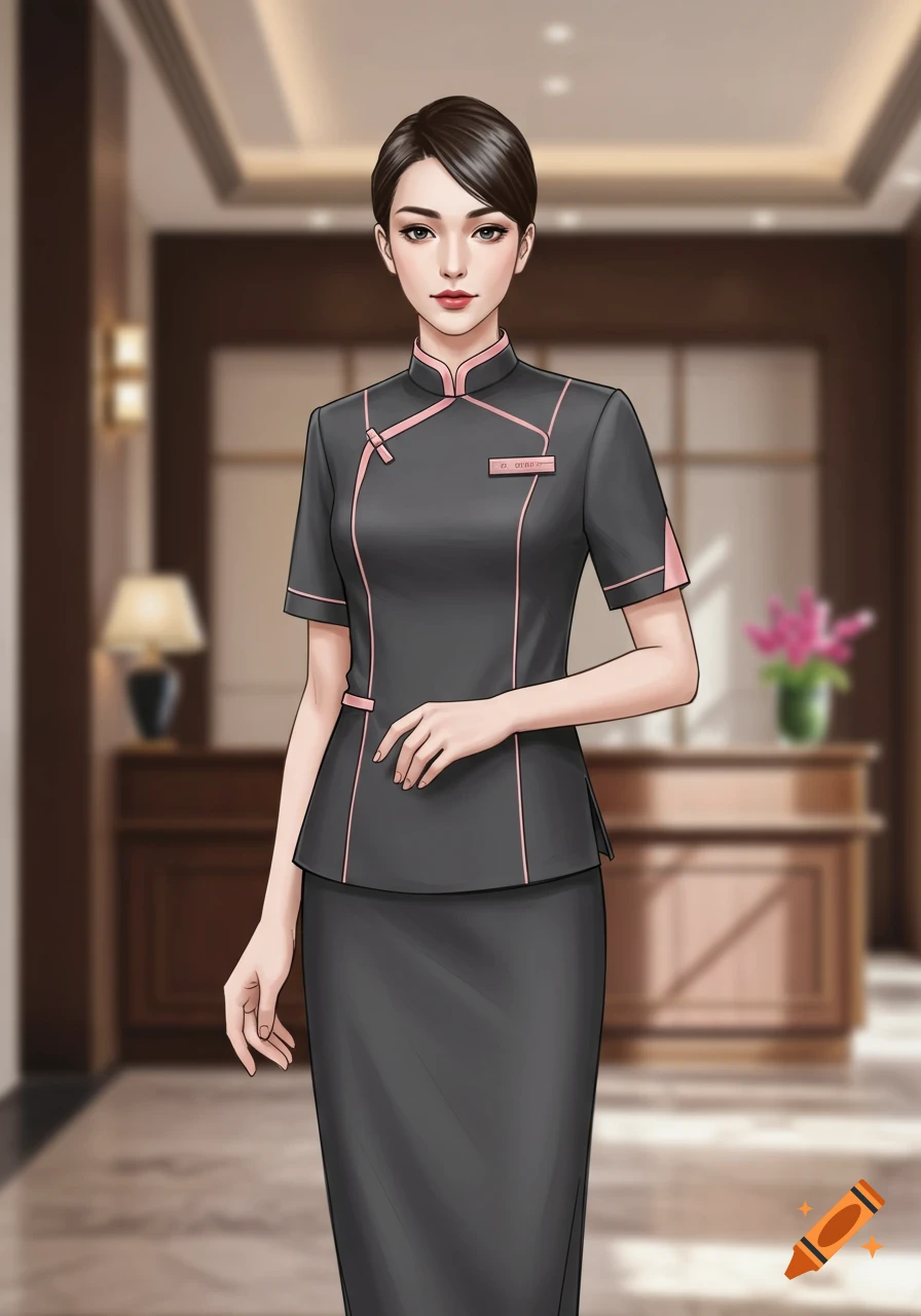 An anime-style woman in a charcoal and pink uniform with a mandarin collar stands in a blurred lobby.