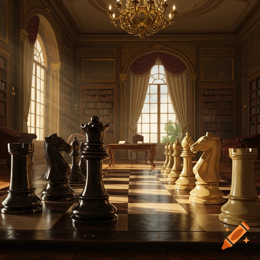 Black and gold chess pieces on a wooden board in a grand, ornate library with tall arched windows, bookshelves, and a chandelier.