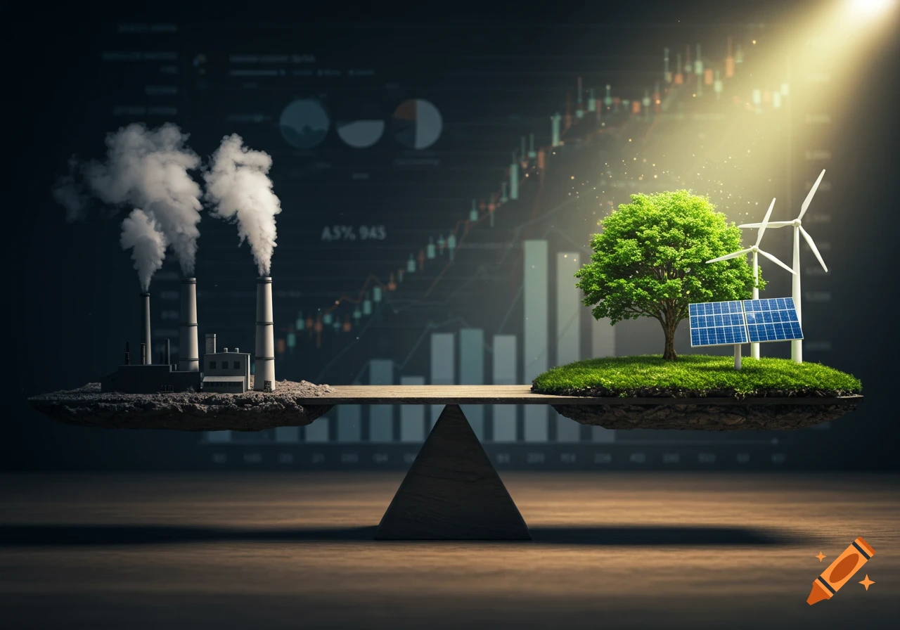 A scale balances a polluting smokestack against a green tree, solar panels, and wind turbines, with financial charts.
