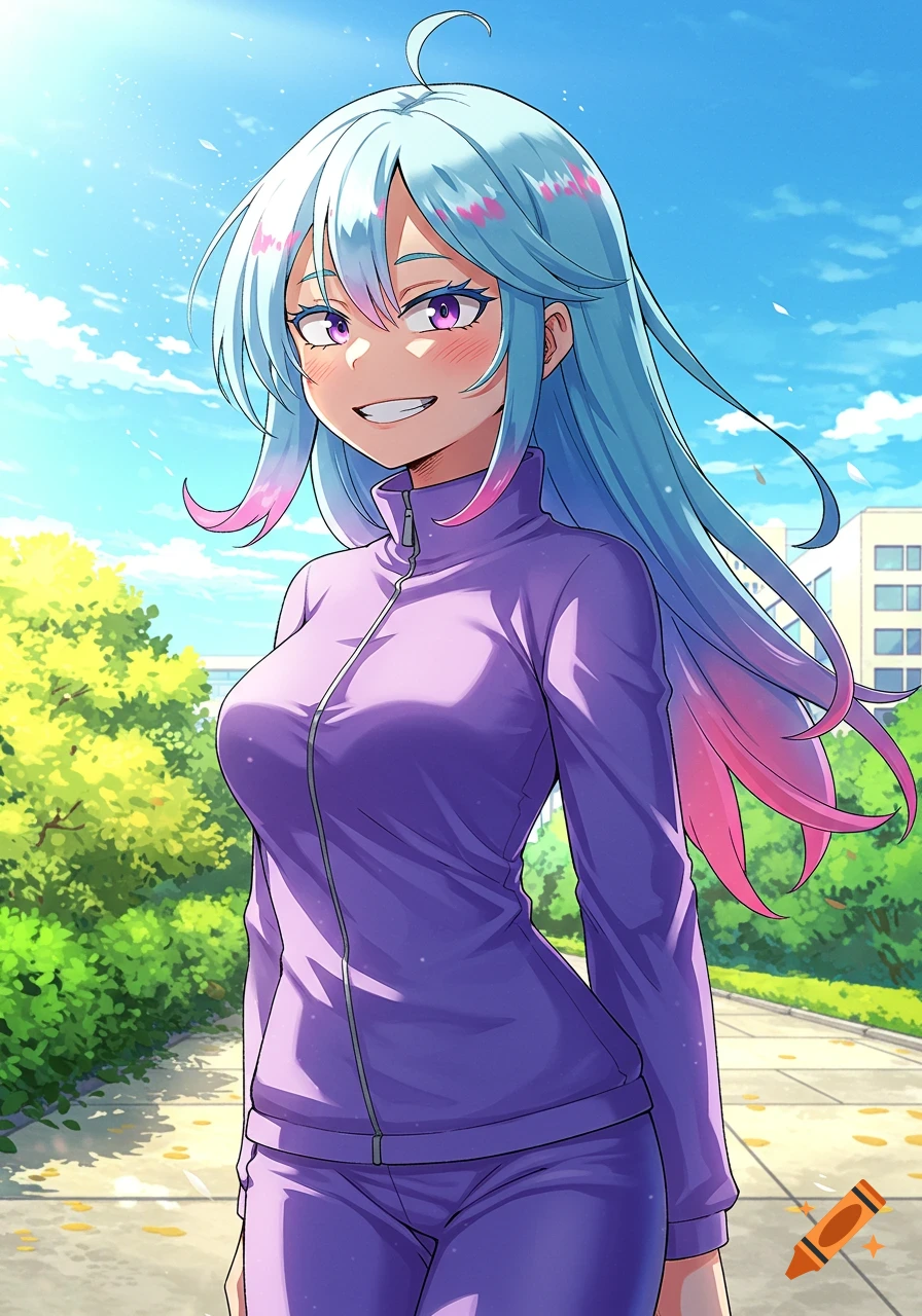 Anime girl with light blue and pink hair, lavender eyes, wearing a purple tracksuit, smiling outdoors under a bright sky.