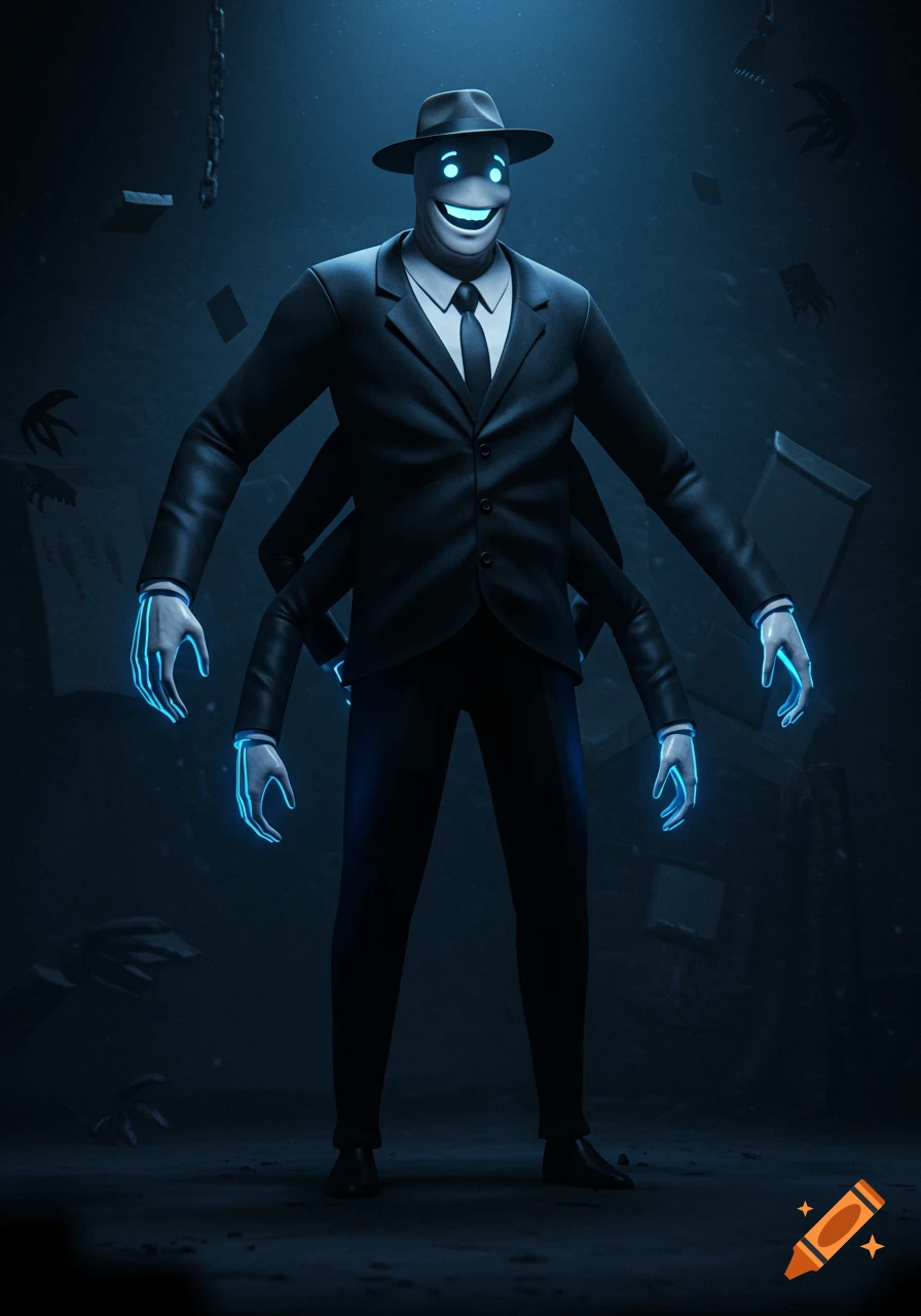 A creepy, multi-armed man in a black suit and fedora with glowing blue eyes and a wide grin, standing in a dark, ominous setting.