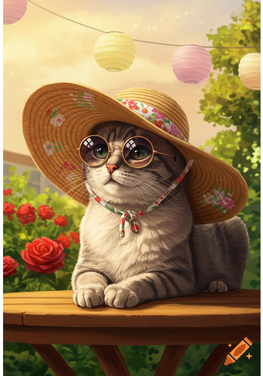 A cute tabby cat in a sun hat and round glasses sits on a wooden table in a sunny garden with red roses and pastel lanterns.