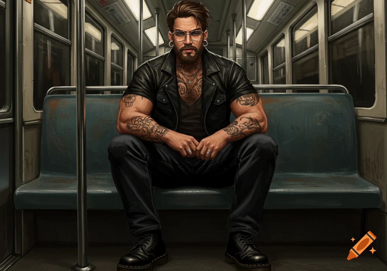 Muscular man with beard, tattoos, and piercings in black clothing sitting on a subway bench. Realistic style.