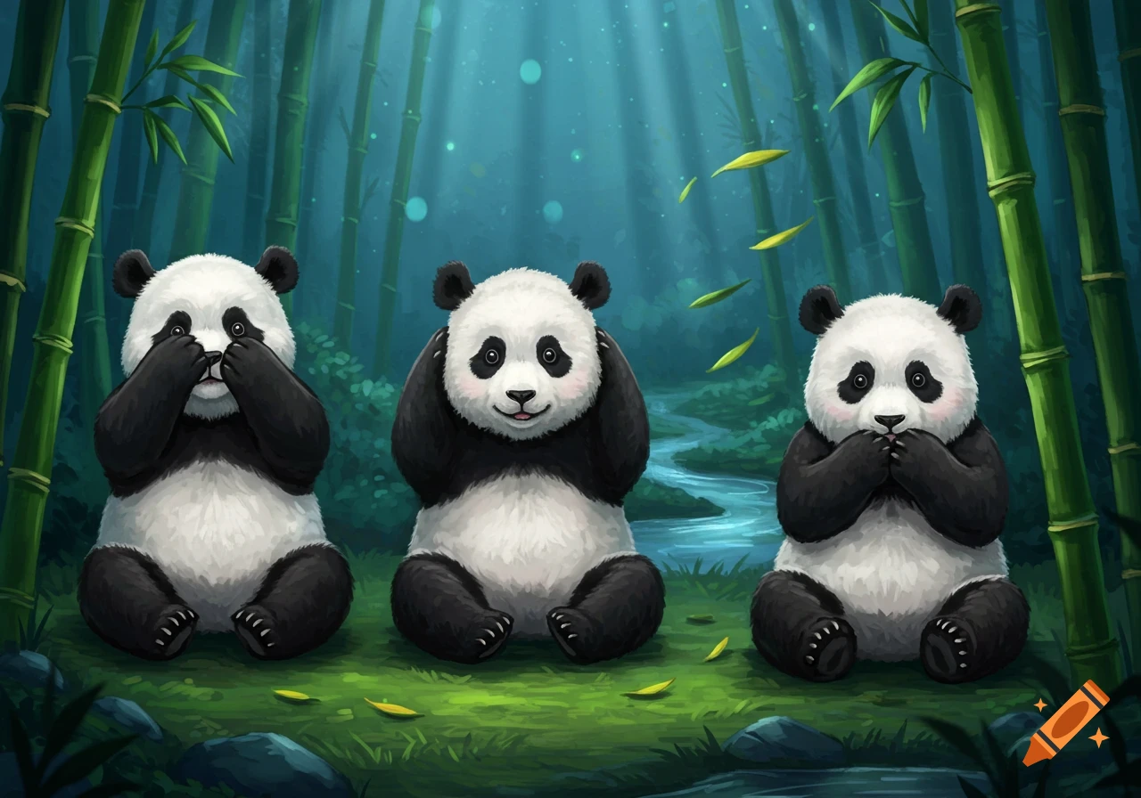 Three cute cartoon pandas in a lush bamboo forest, mimicking 'see no evil, hear no evil, speak no evil'.