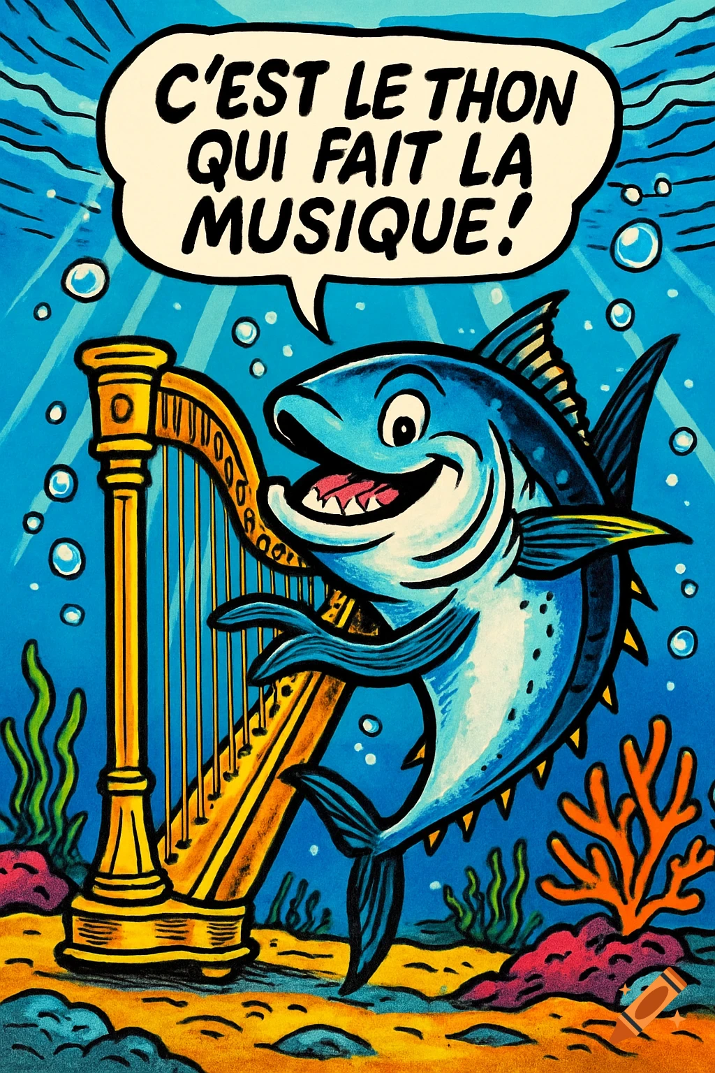 A smiling cartoon tuna plays a golden harp underwater, with a speech bubble above its head.