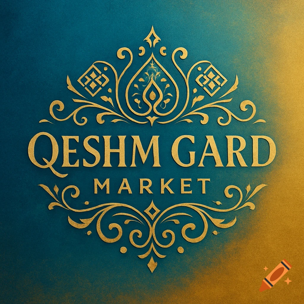 Elegant gold logo for 'QESHM GARD MARKET' with intricate floral and geometric patterns on a teal and gold background.