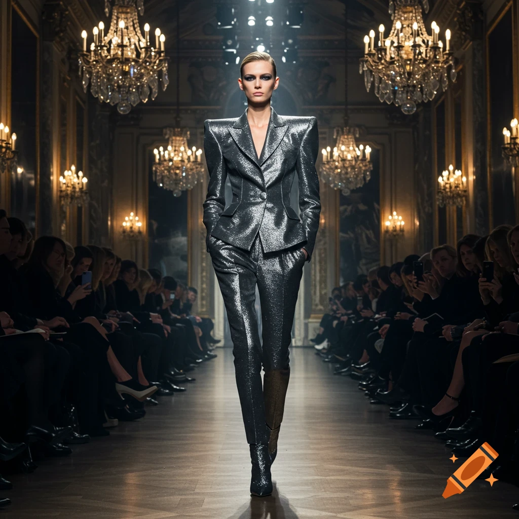A photorealistic image of a female model in a sparkling silver pantsuit walking down a runway in a grand hall with chandeliers and an audience.