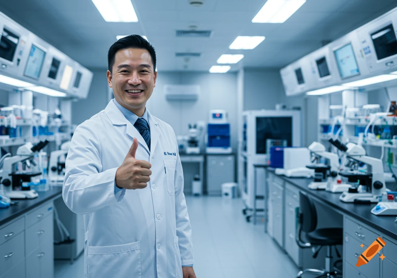 Smiling male scientist in a white lab coat gives a thumbs up in a modern, bright laboratory with microscopes.