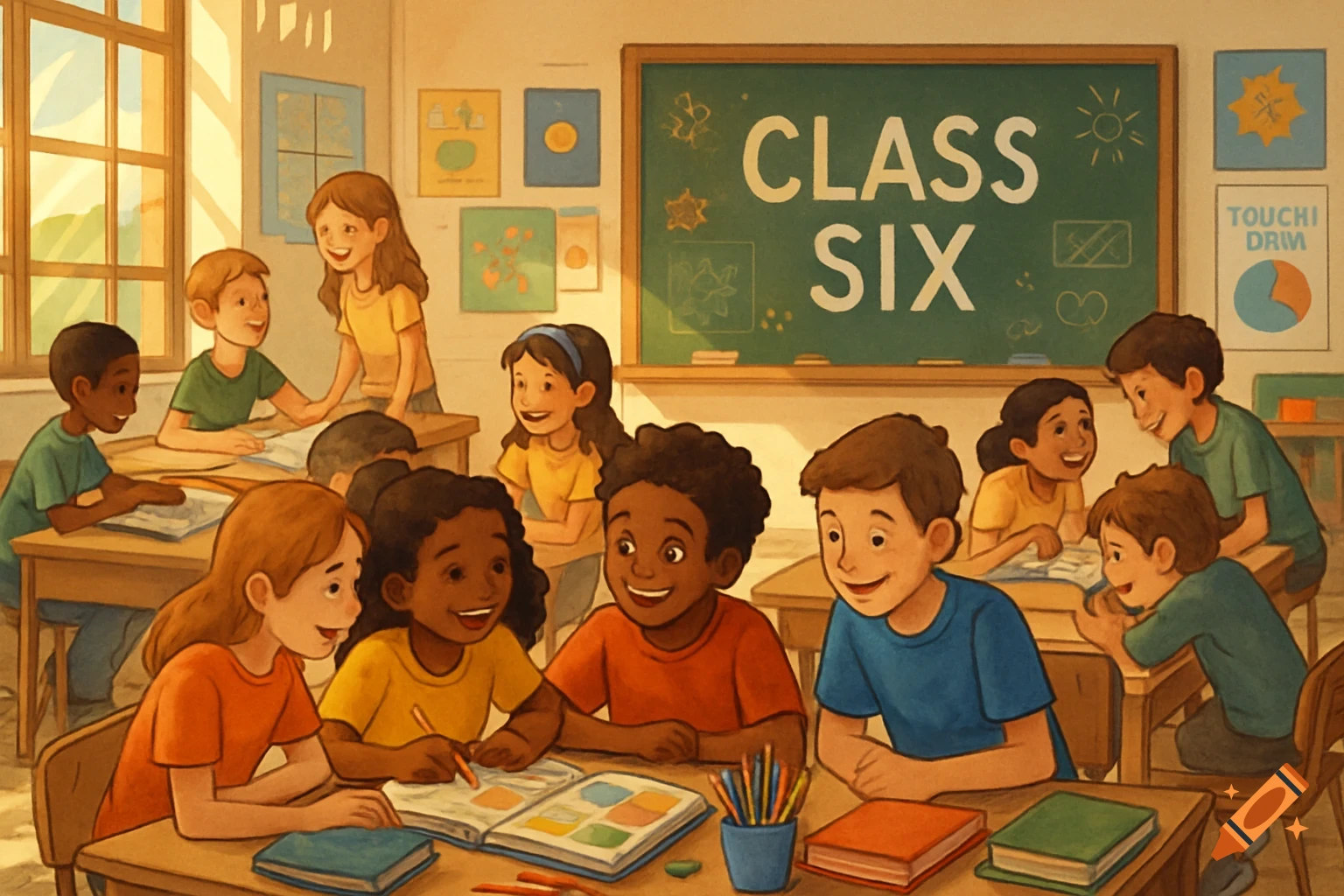 Diverse group of happy children in a bright, cartoon-style classroom, some studying at desks, others interacting.