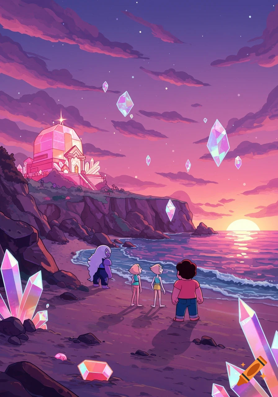 Amethyst, Pearl, and Steven on a beach, watching a vibrant pink and purple sunset over the ocean with a crystal temple and floating crystals.