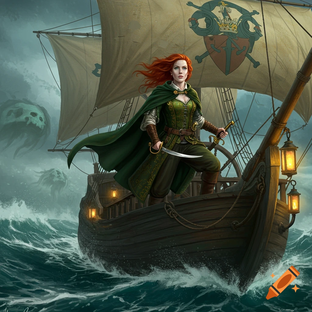 A red-haired woman in a green cape and tunic stands on a sailing ship in a stormy sea, holding daggers. Skull-like sea creatures are visible in the misty background.
