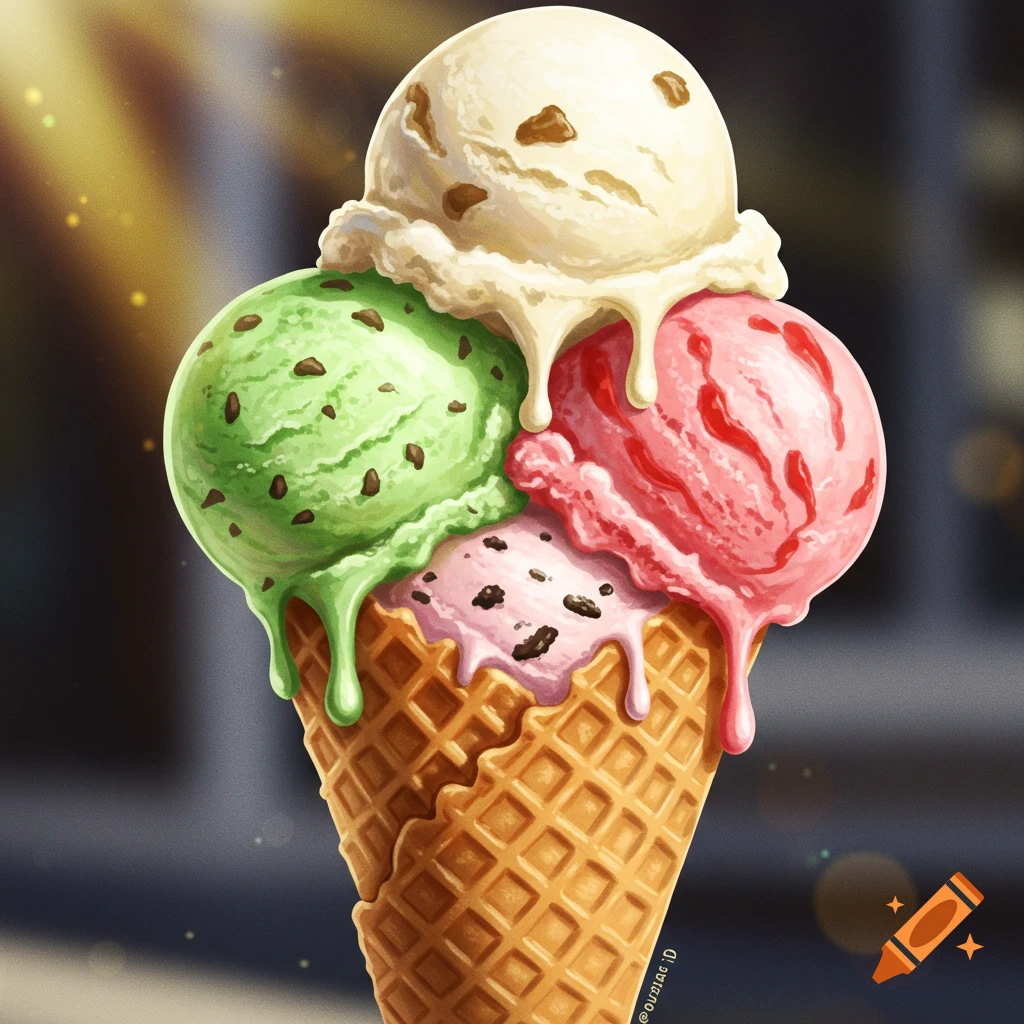 Stylized illustration of a melting ice cream cone with scoops of mint chip, vanilla, strawberry, and cookies 'n' cream.