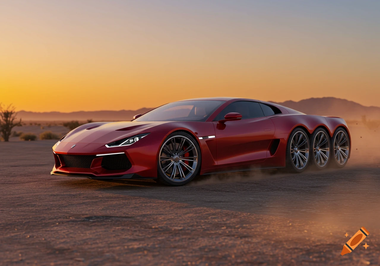 A sleek red 6-wheeled sports car drives through a desert landscape at sunset, kicking up dust.