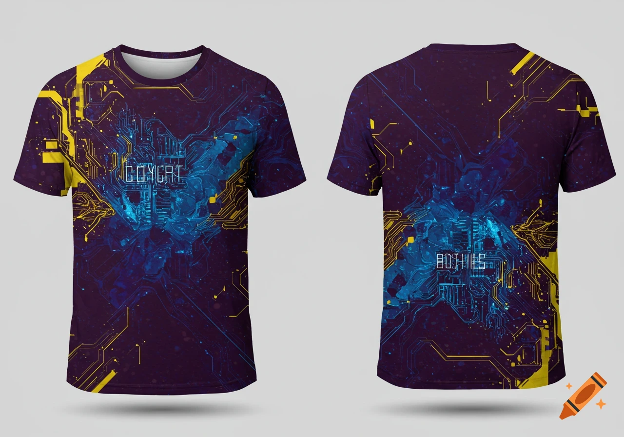 A dark purple t-shirt featuring an abstract blue and yellow circuit board design on the front and back.