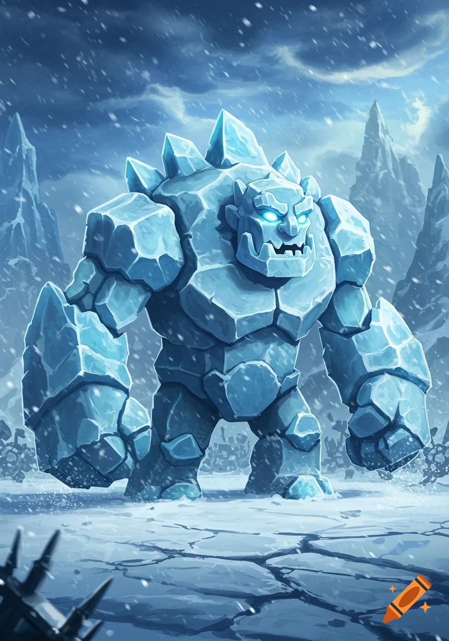 A large, blue ice golem with glowing eyes stands in a snowy, icy mountain landscape with falling snow, in a fantasy art style.