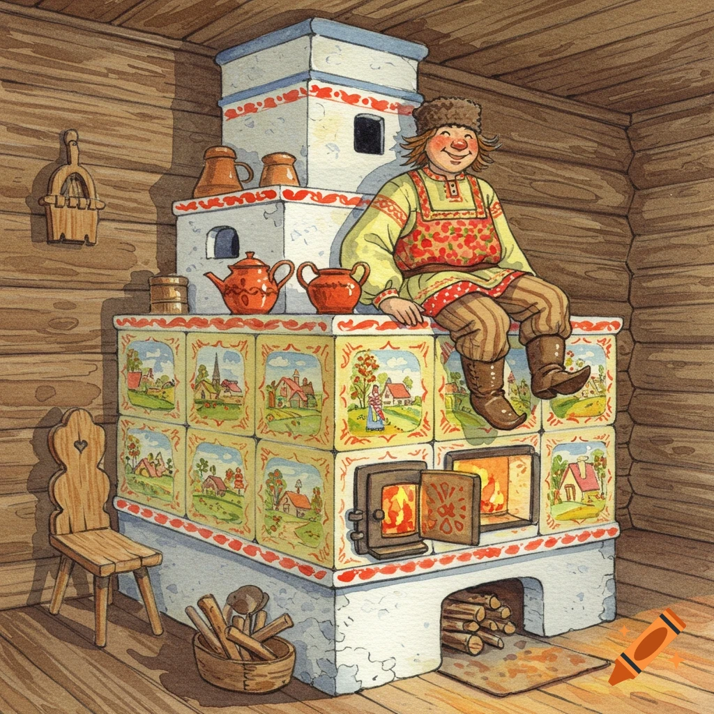 Emelya, a folklore character, sitting on a decorated traditional Russian stove in a log cabin, watercolor style.