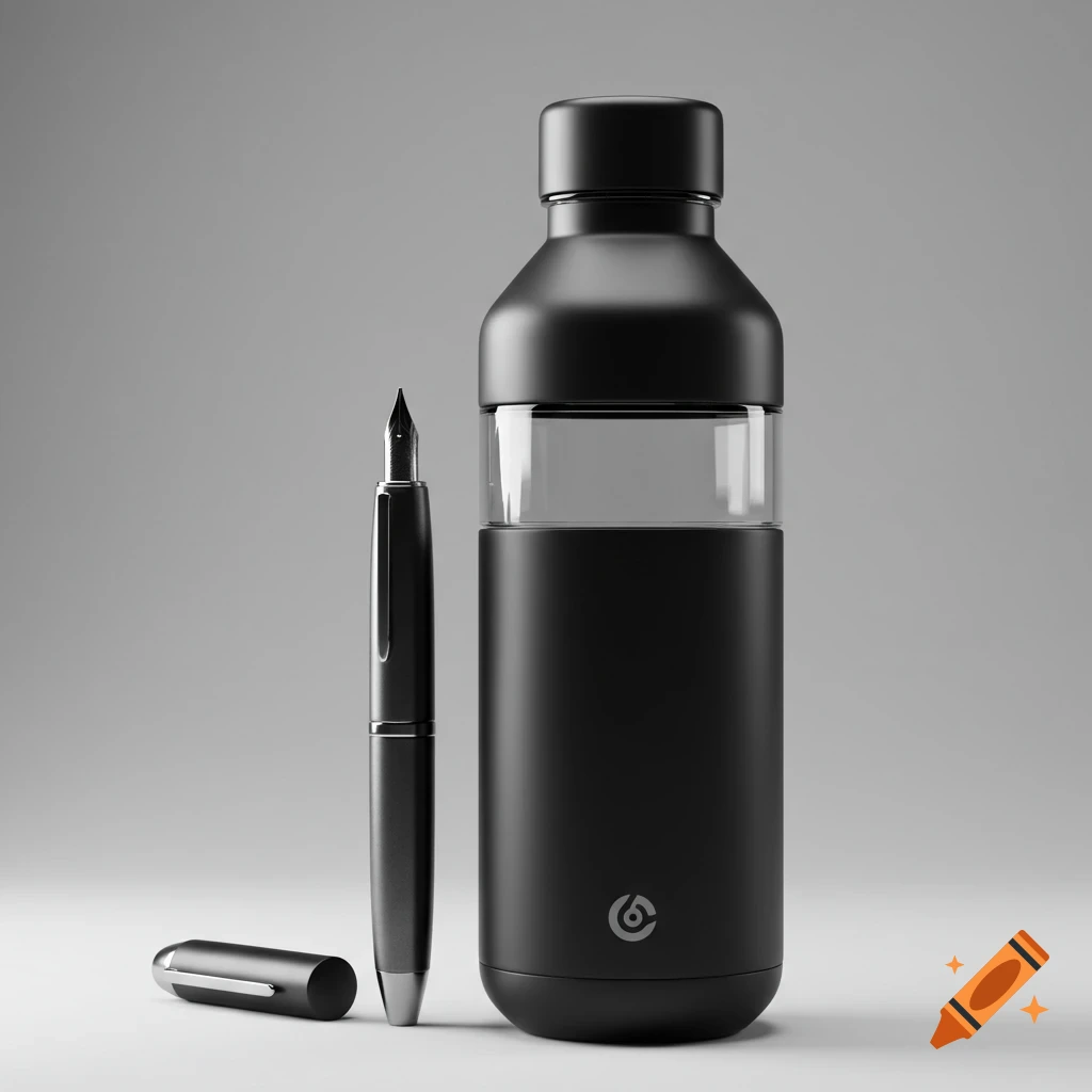A black water bottle with a clear middle section and a logo stands beside a black fountain pen and its cap on a gray background.