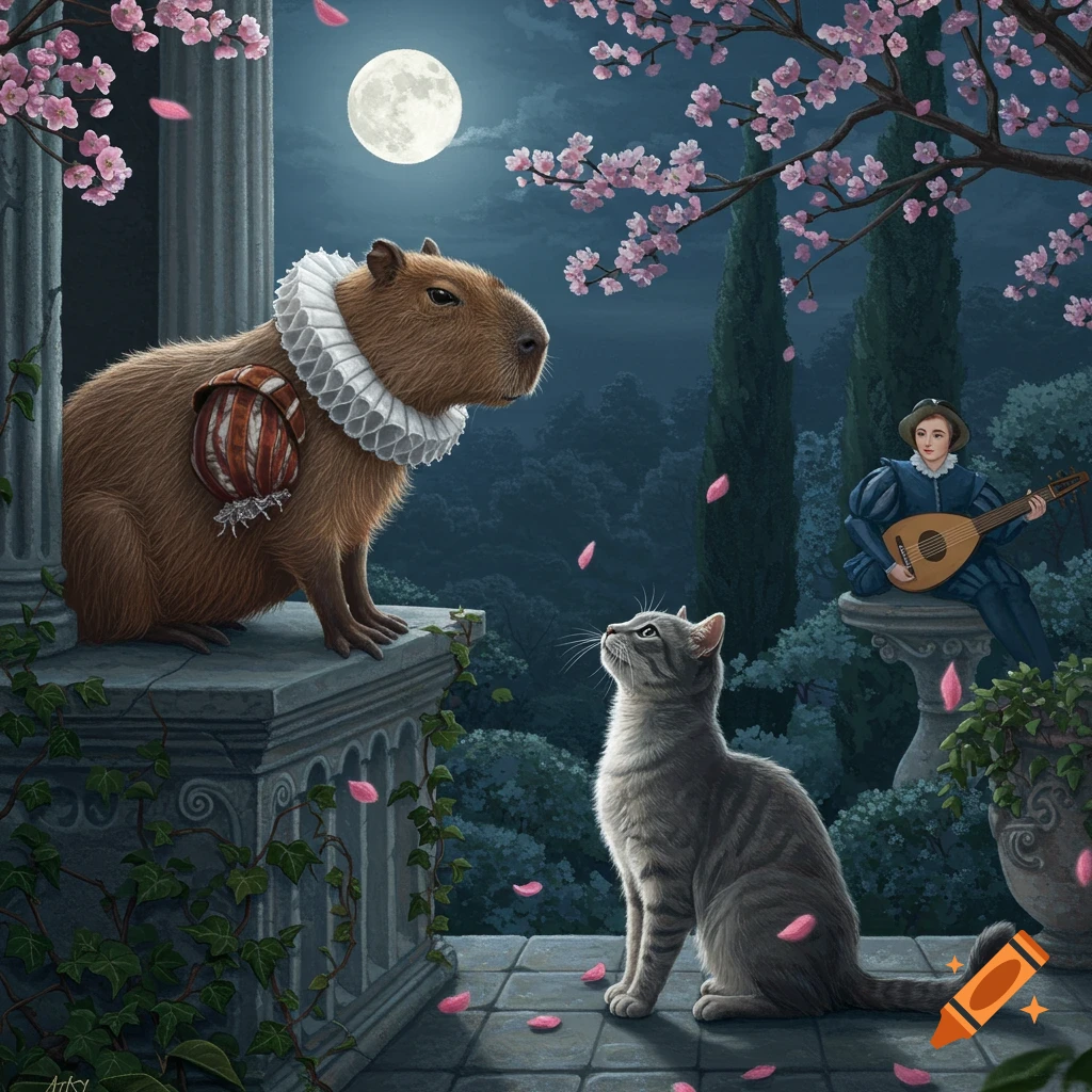A capybara in a ruffled collar stands on a moonlit balcony, looking at a cat, while a person plays a lute under flowering trees.