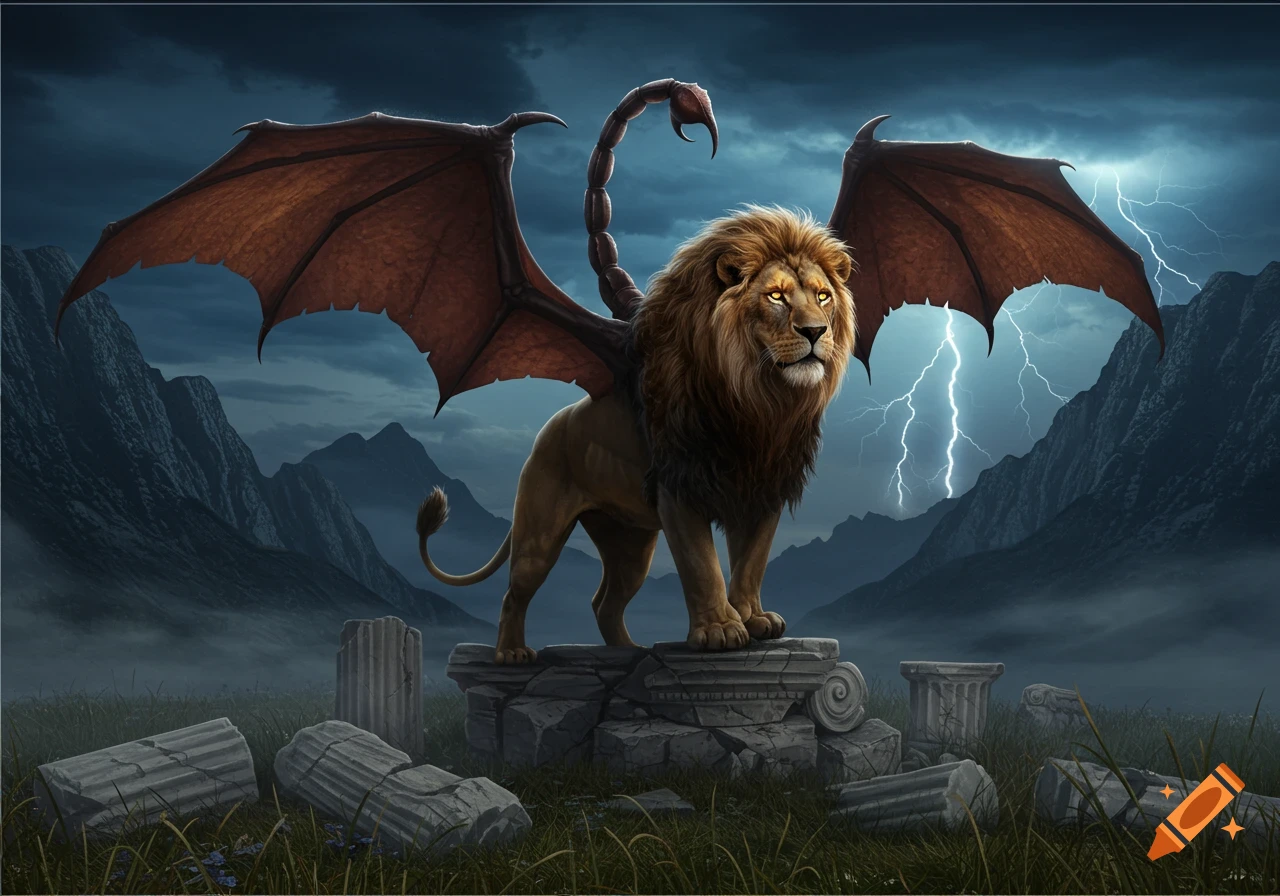 A majestic winged lion with a scorpion tail stands on ancient ruins, illuminated by lightning in a stormy, mountainous landscape.