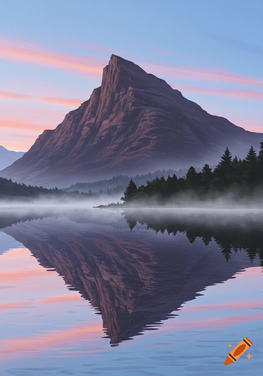A majestic, jagged mountain reflects perfectly in a calm, misty lake at sunrise, surrounded by pine forests.