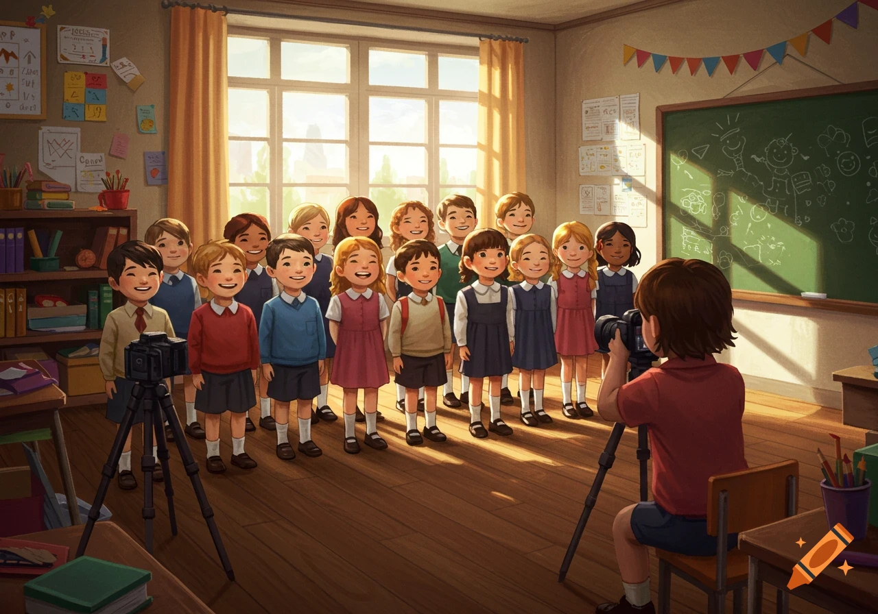 An illustration of a group of smiling elementary school children posing for a school photo in a bright classroom.