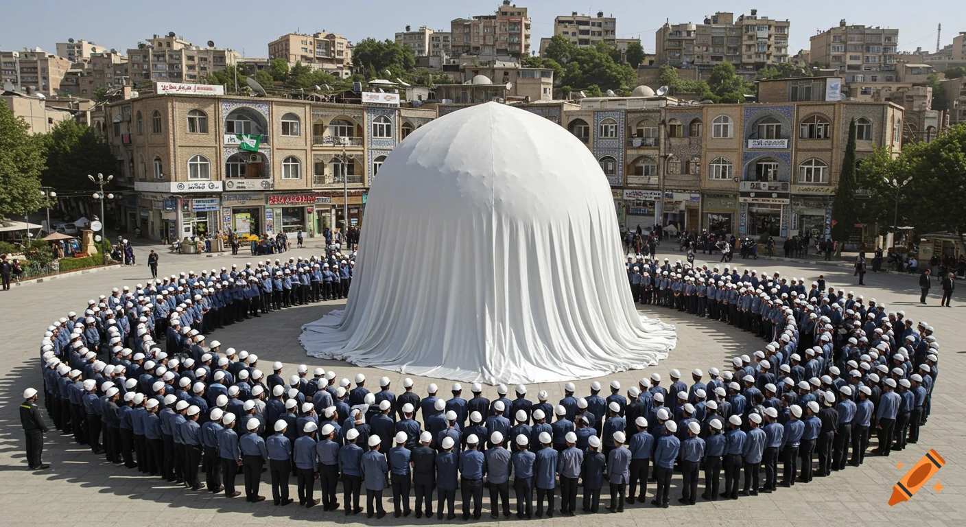 Hundreds of engineers in blue uniforms and white helmets stand in a circle around a large white covered dome in a photorealistic urban square.