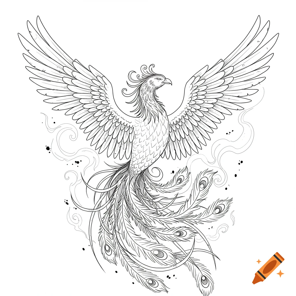 Detailed fine line art drawing of a phoenix with wings spread and elaborate tail feathers, amidst wisps of smoke.