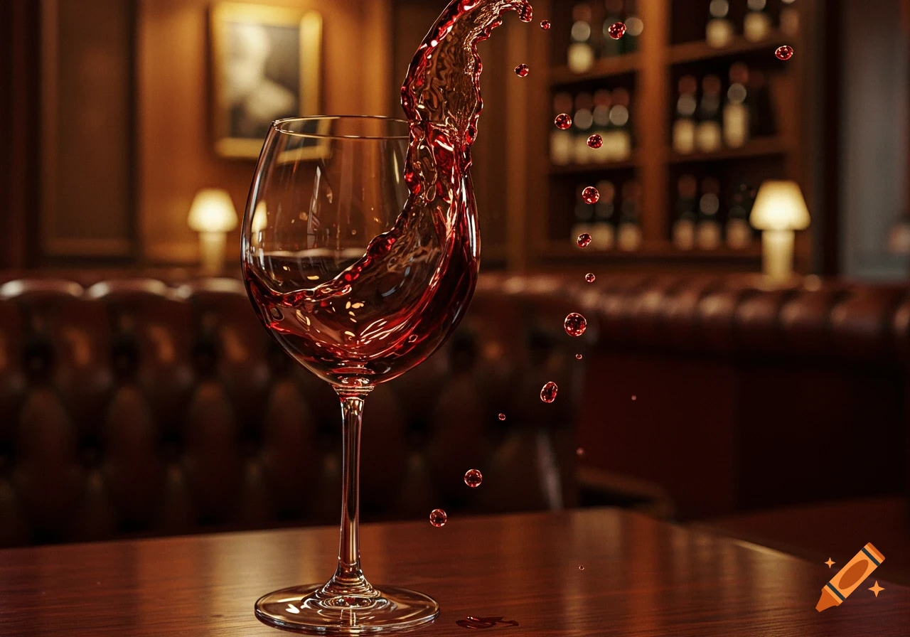 Photorealistic image of red wine overflowing from a glass in a dimly lit, upscale bar.