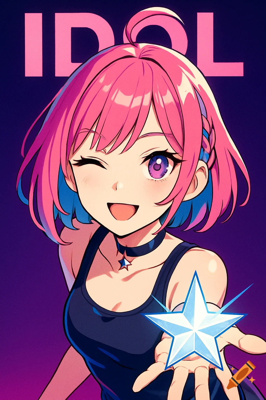 A smiling anime idol with pink and blue hair winks, holding a glowing crystal star. She wears a black tank top, with 'IDOL' text in the background.