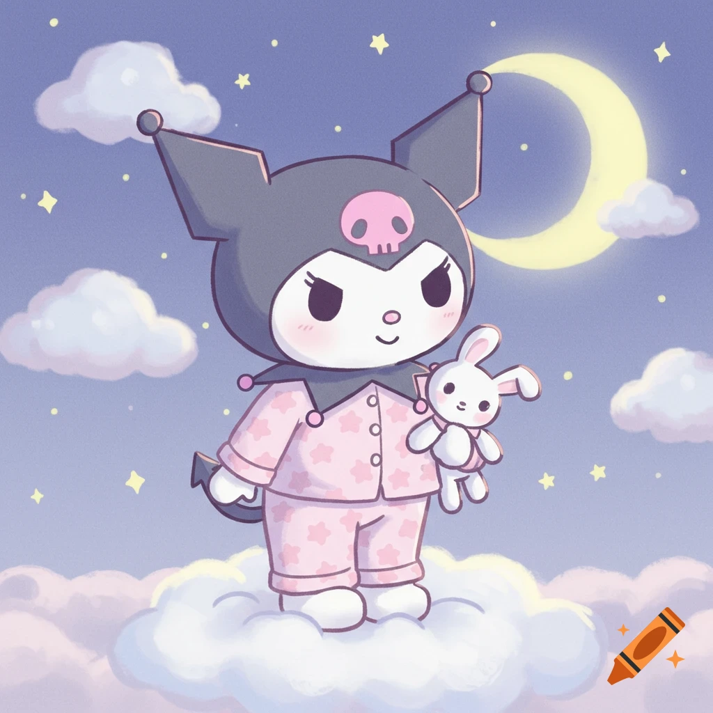 Cartoon Kuromi in pink star pajamas holds a white bunny, floating on clouds under a night sky with a crescent moon.