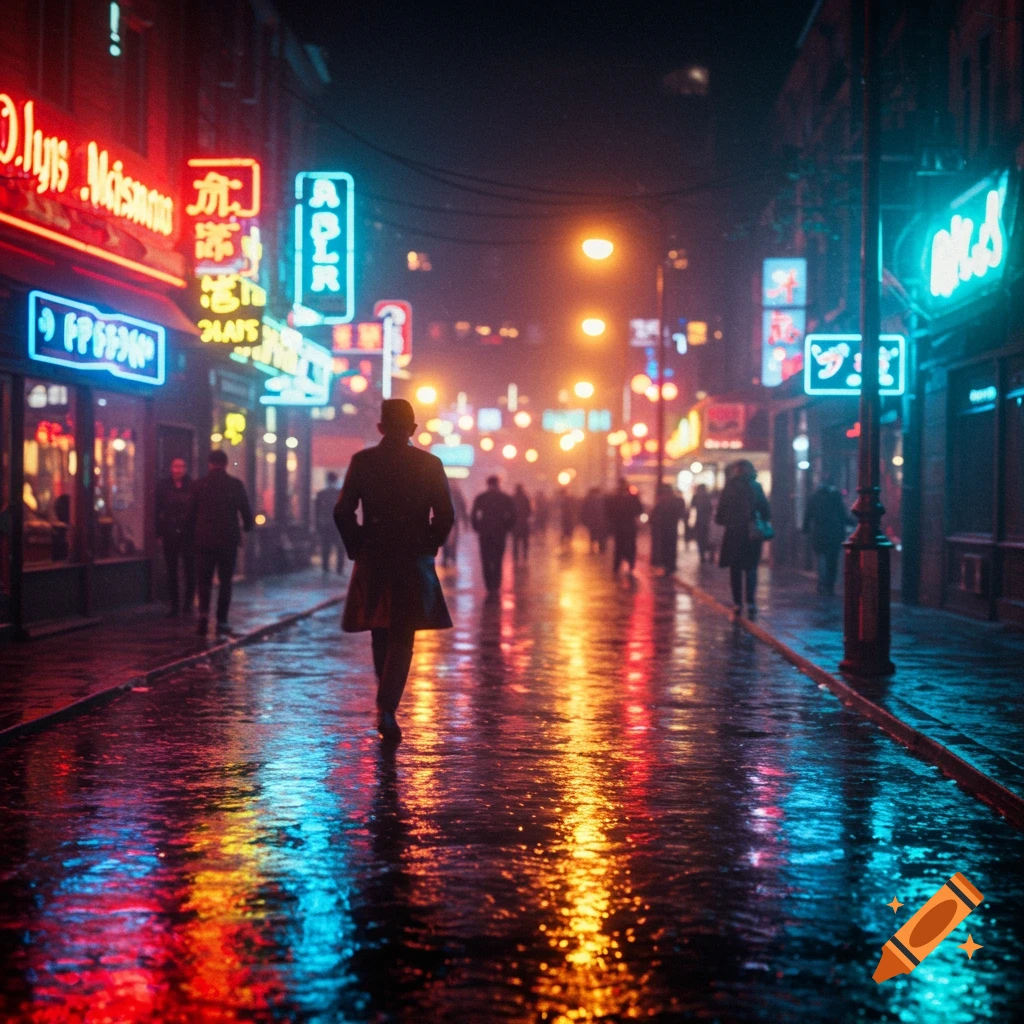 A lone figure walks down a wet, neon-lit city street at night, with vibrant reflections on the pavement.