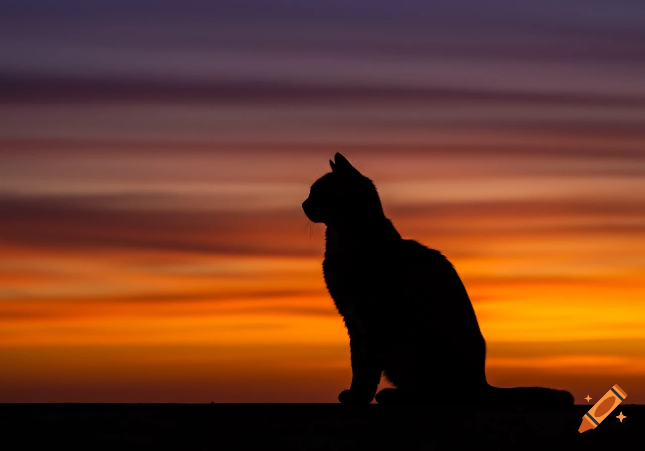 A black cat silhouette sits in profile against a dramatic orange and purple sunset sky.