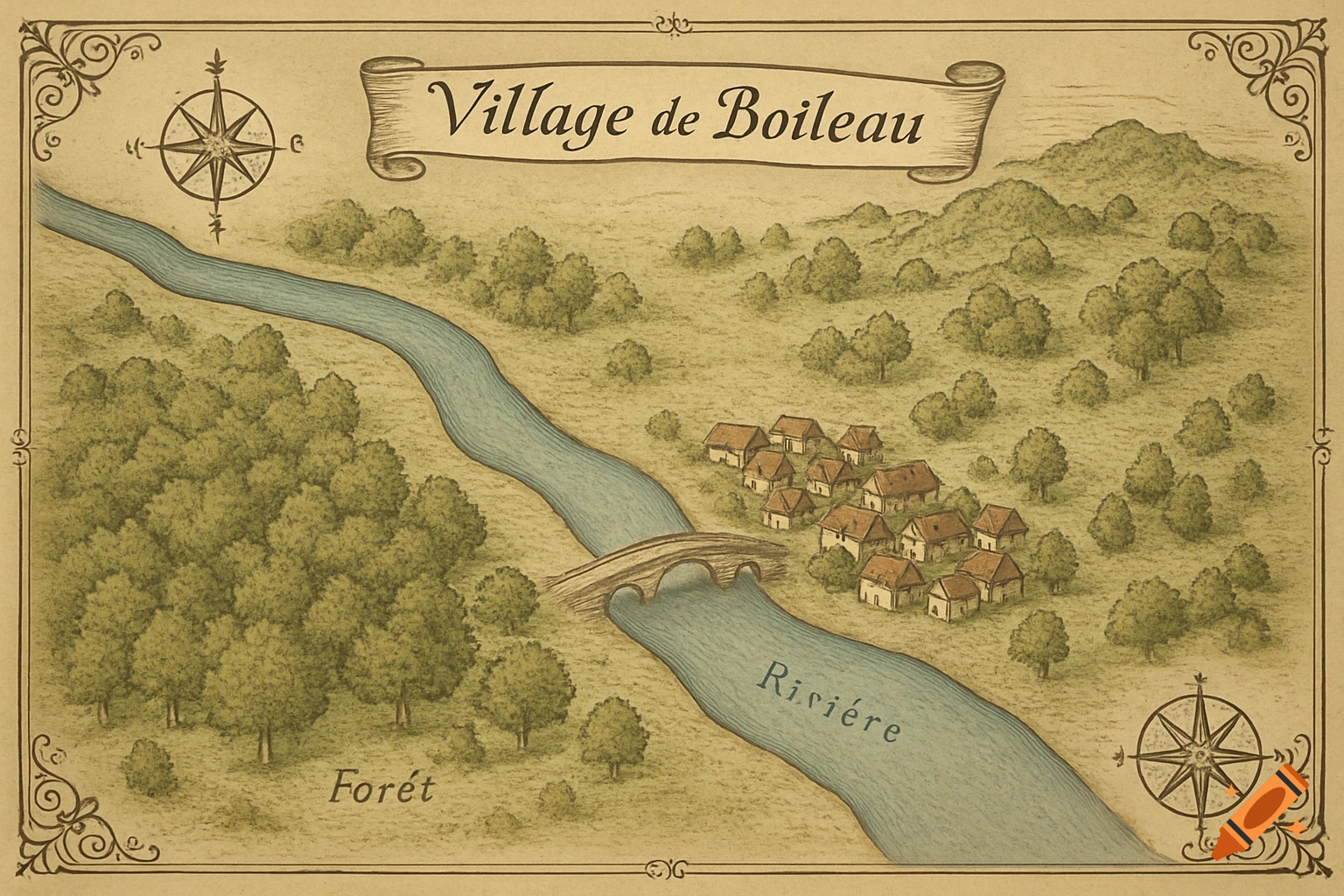 A top-down illustrated map of a village with a river, a bridge, a forest, and hills, in a vintage style.