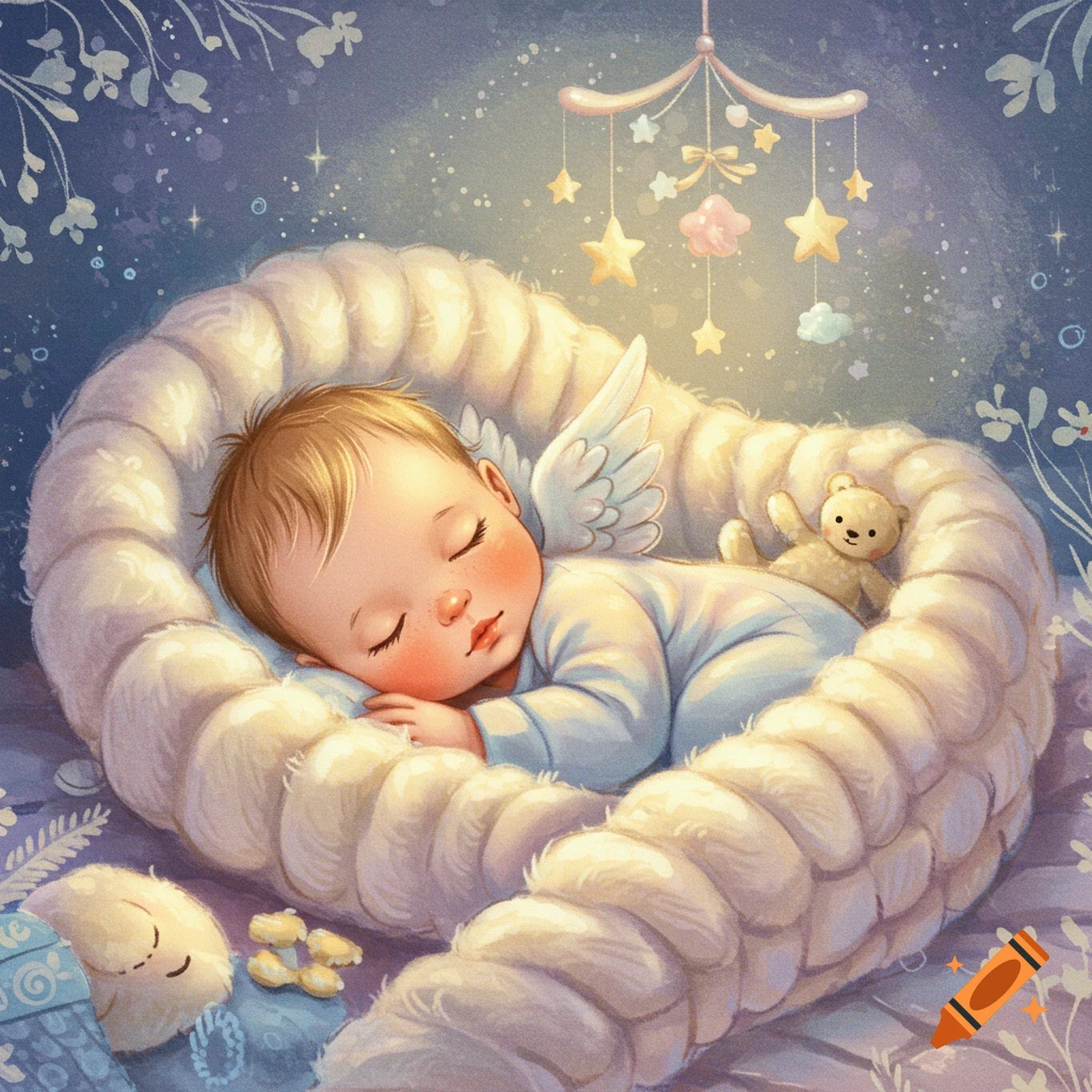 A sleeping baby with small wings in a fluffy white bed, under a starry mobile, with a teddy bear, in a soft illustrated style.