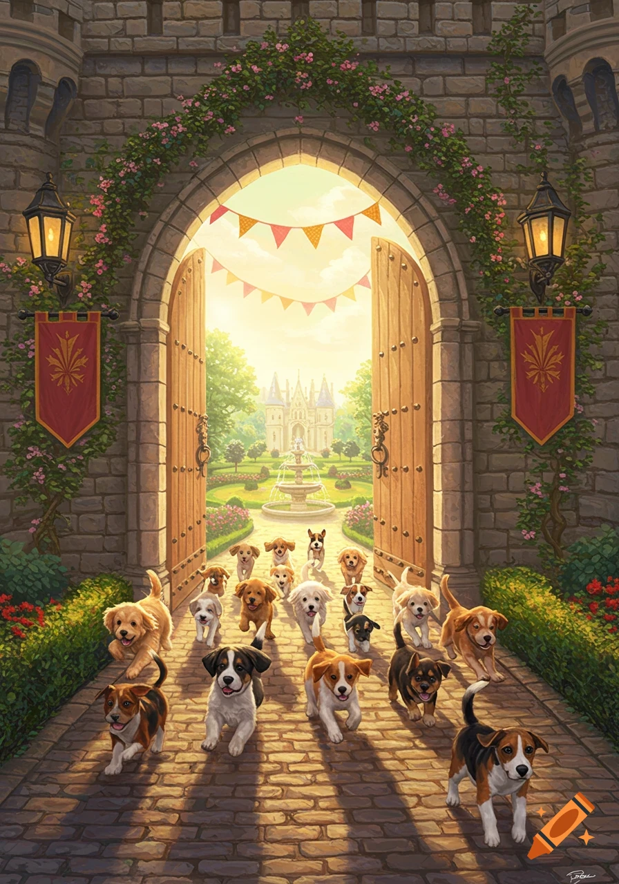 Dozens of adorable puppies rush out of a grand, vine-covered castle gate into a sunny, lush garden with a distant castle.