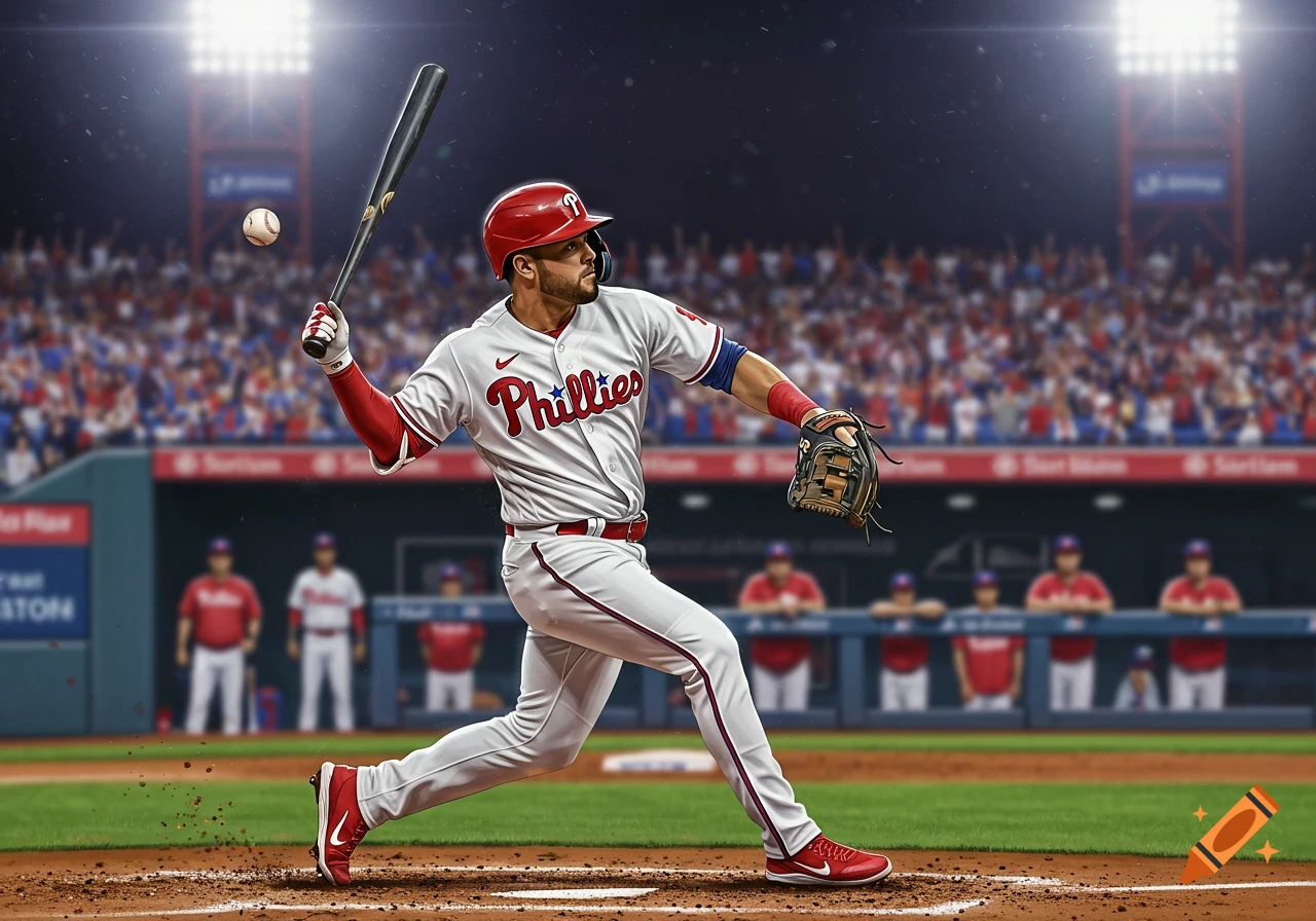 A detailed digital illustration of a baseball player in a white uniform swinging a bat at a ball in a stadium at night.