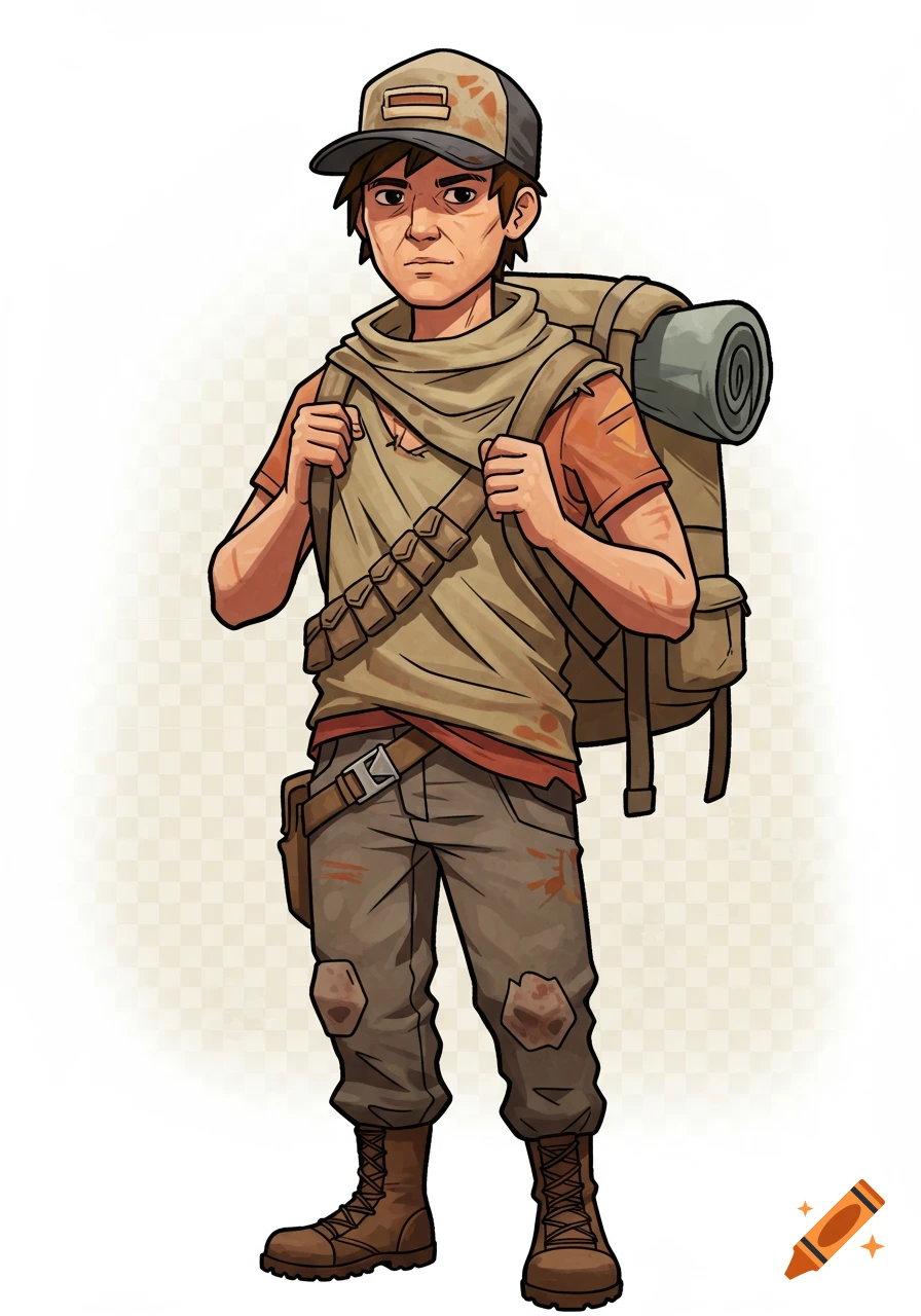 A determined young male survivor in a cartoon style, wearing a baseball cap and backpack, with a post-apocalyptic aesthetic.
