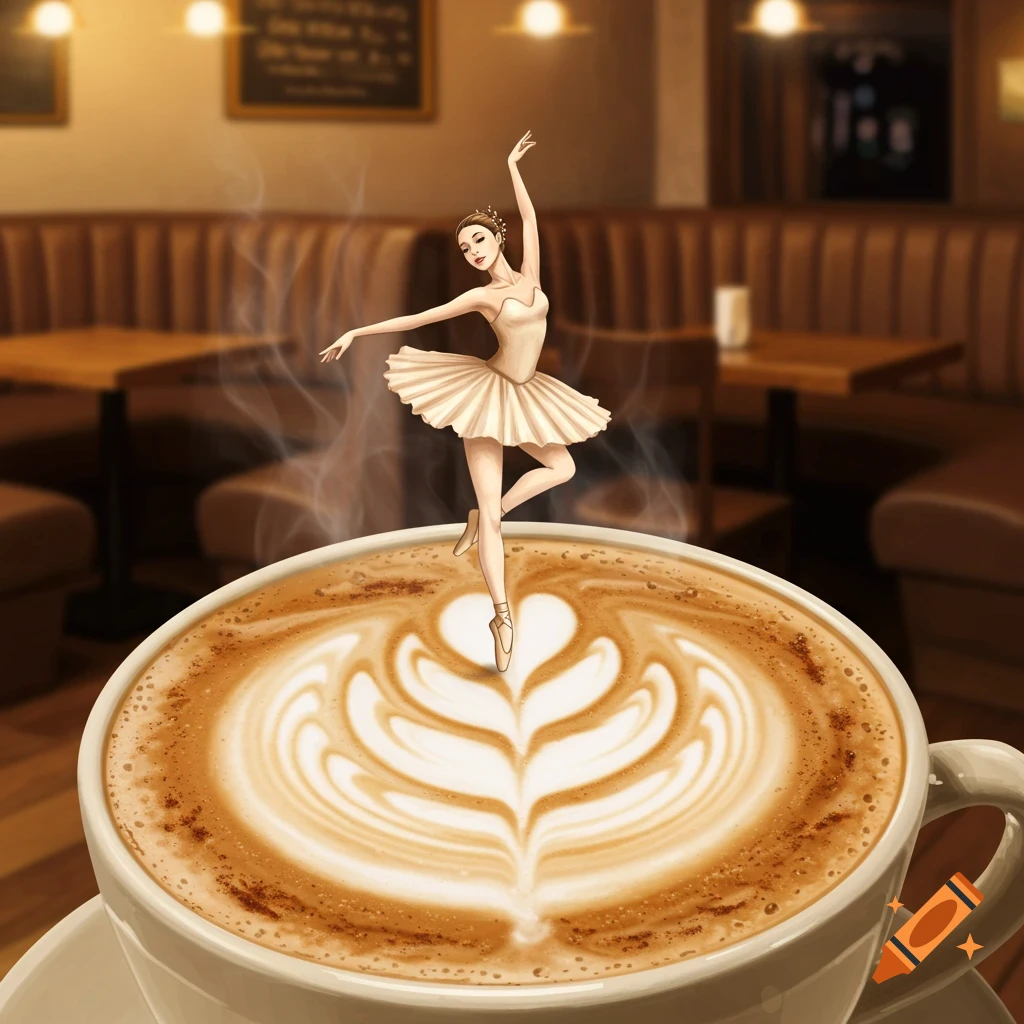 An illustrated ballerina in a tutu dances gracefully on a steaming latte with heart-shaped foam art, set in a cozy cafe.