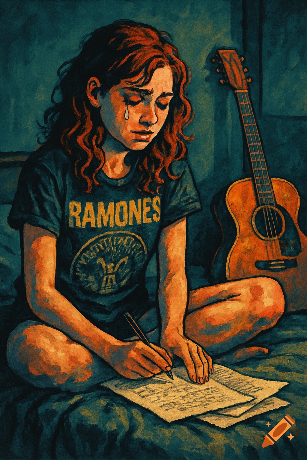 A red-haired girl in a RAMONES shirt cries while writing on a bed next to a guitar, in a dark pop art painting.