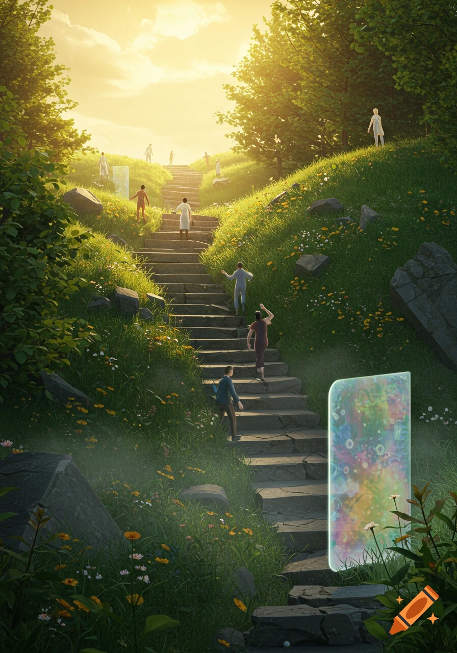 Stylized figures climb sunlit stone stairs on a grassy hill with wildflowers. A glowing colorful rectangular barrier stands by the path.
