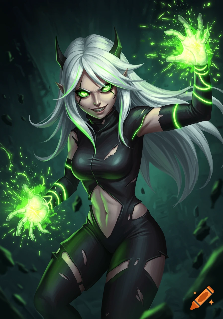 White-haired female elf with horns and glowing green eyes, dressed in torn black, summoning green energy in an anime art style.