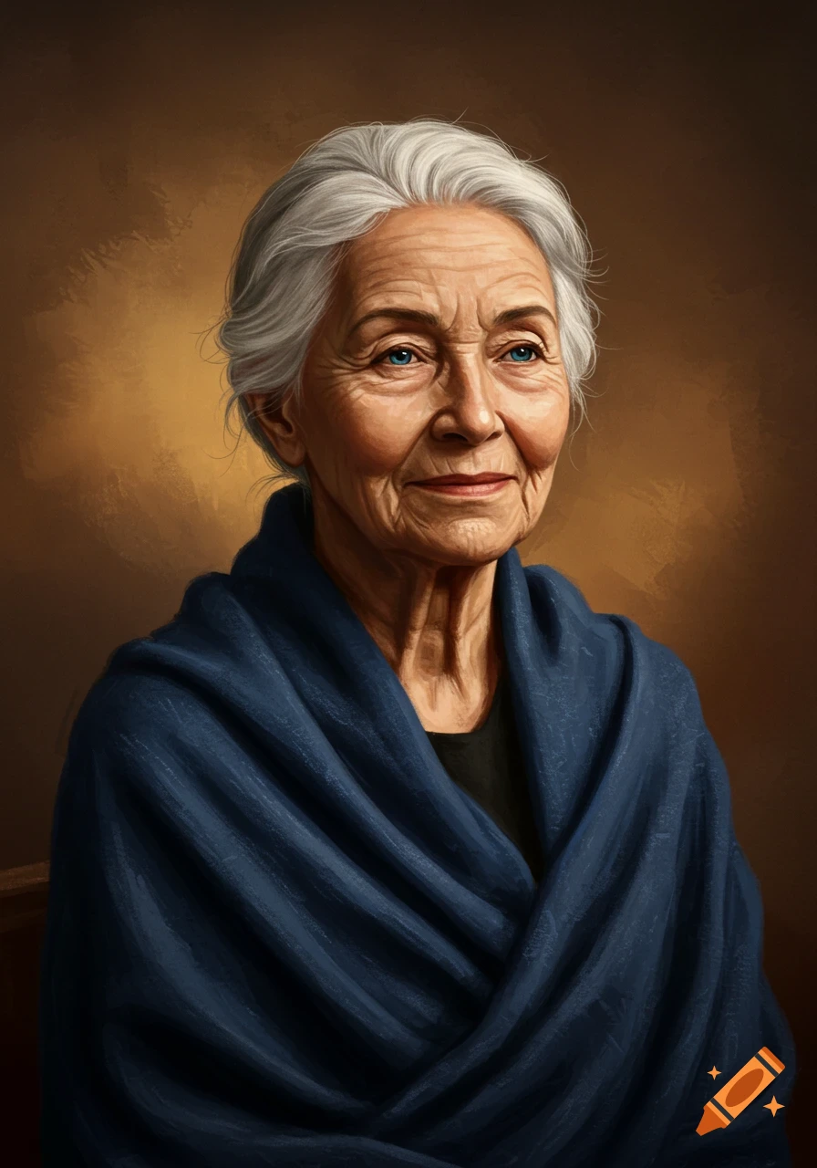 Painterly portrait of an older woman with white hair and blue eyes, wearing a dark blue shawl, against a warm brown background.