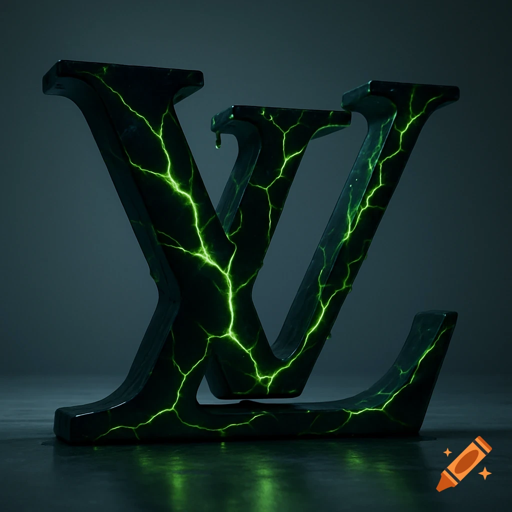 Stylized black letters 'LV' with bright green lightning-like cracks and reflections, on a dark background.