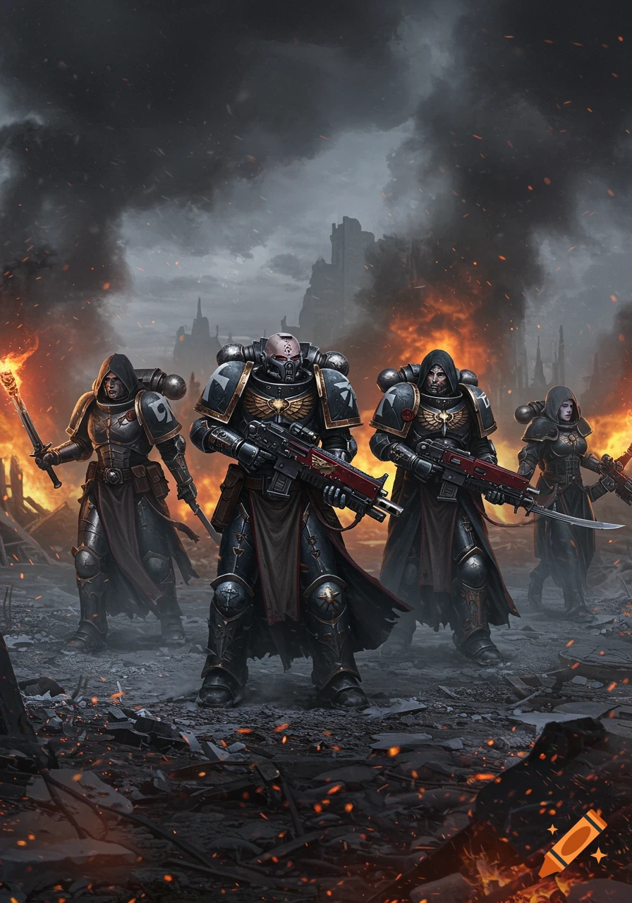 Four heavily armored soldiers in a grimdark, fiery warzone, carrying weapons.