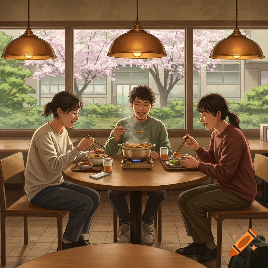 Three smiling anime-style students enjoy a hotpot meal at a cozy restaurant with cherry blossoms outside the window.